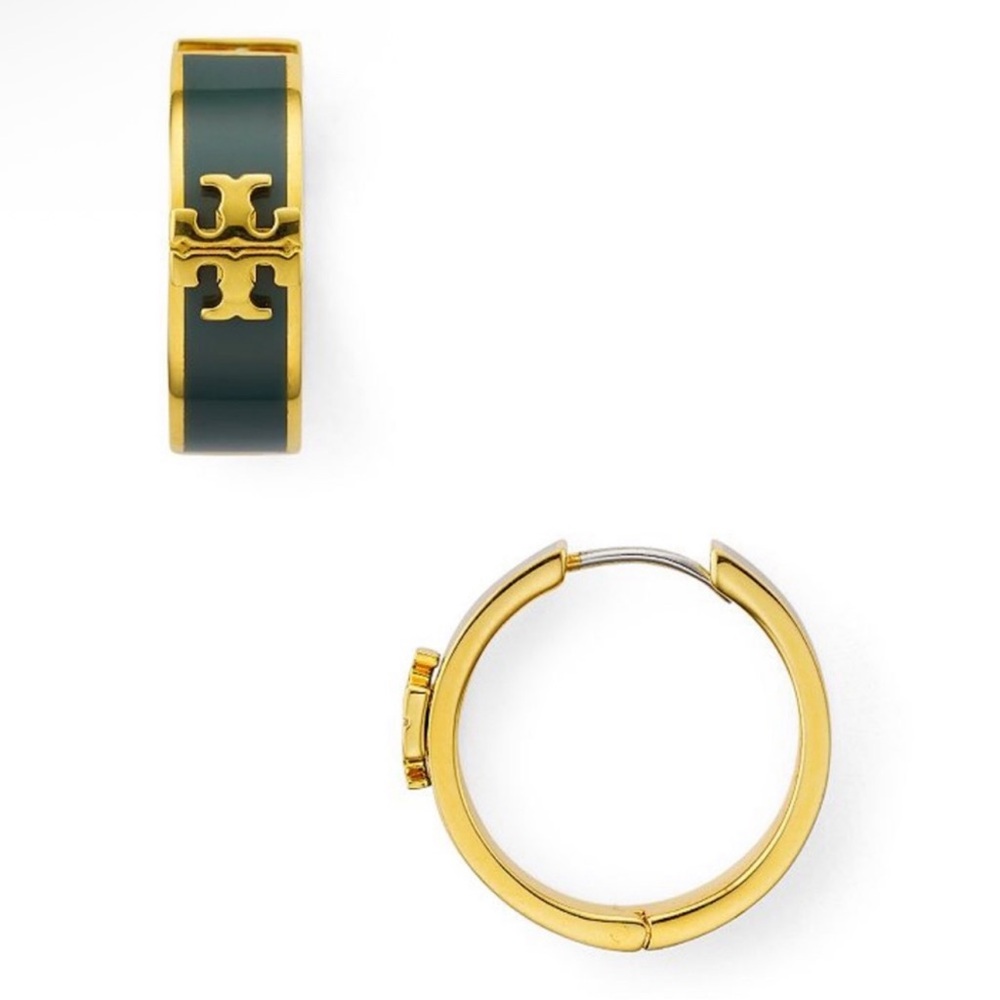 TORY BURCH Kira Dark Green Gold Enamel Hoop Earrings $139 NEW